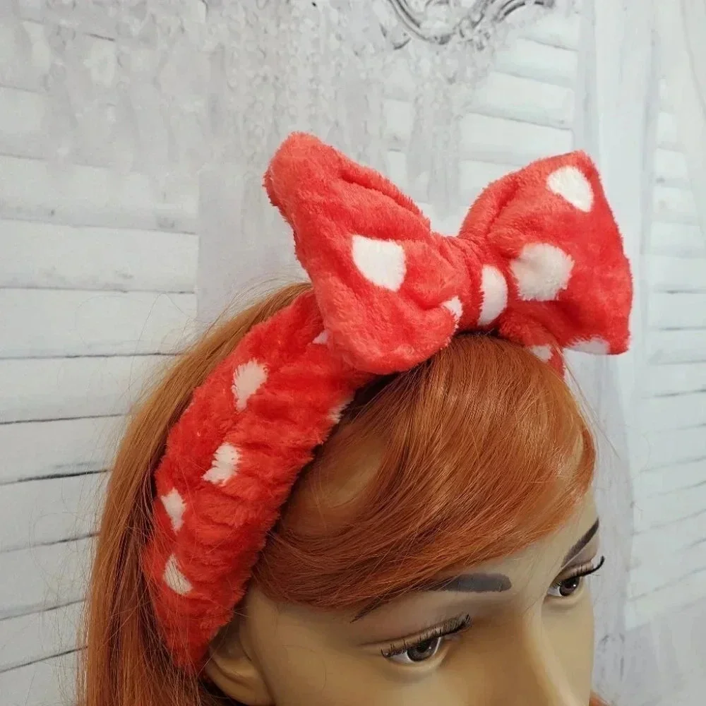Red and White Polka Dot Super Plush Elastic Bow Spa Headband.